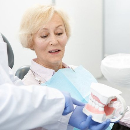 Dentist and patient reviewing the state of her dentures