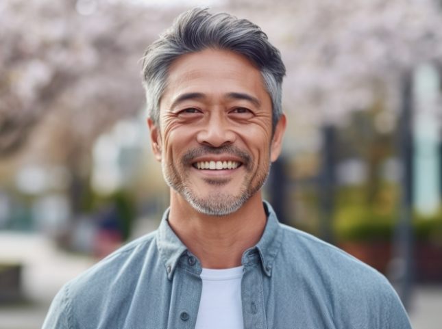 Man in light blue shirt grinning